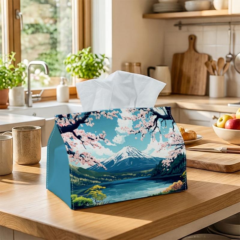 1pc Japanese Oriental Landscape Tissue Box-Mount Fuji Cherry Blossom,Durable Napkin Organizer for Car,Kitchen,Dining,Home Decor-Decorative Tabletop Pa