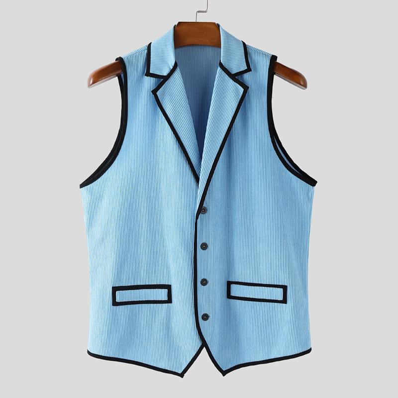 INCERUN Men Lapel Sleeveless Stitching Slim Waist Buttons Up Rib Vest Waistcoat
