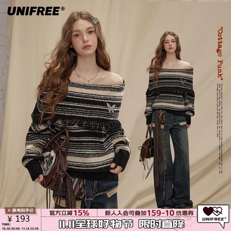 unifree Women's Off-Shoulder Striped Tassel Sweater