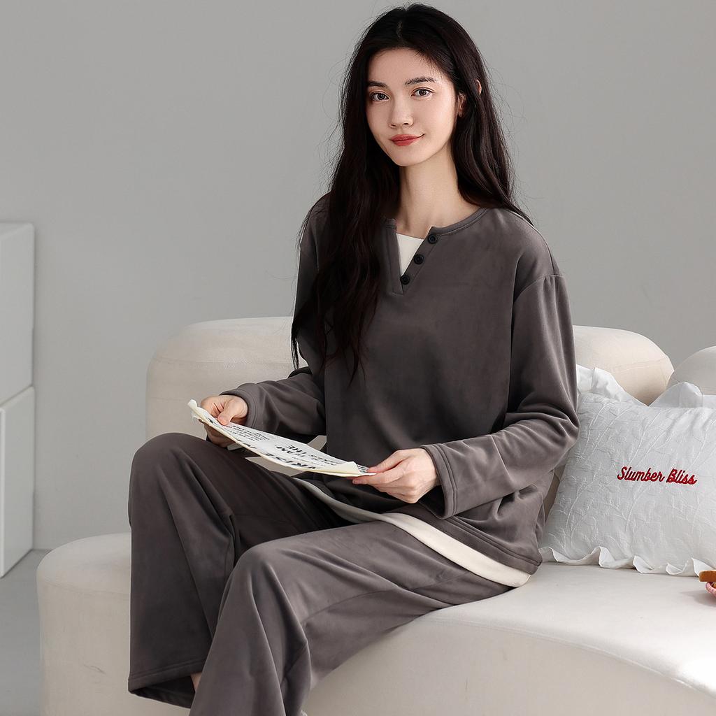 Pajamas Women'S Autumn And Winter Fleece Thickened Coral Fleece Can Be Worn Outside Island Fleece Loungewear Thin Fleece Set