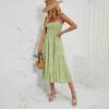 Summer Women's Sleeveless Halter Solid Square Neck Pleated Knee-Length Dress