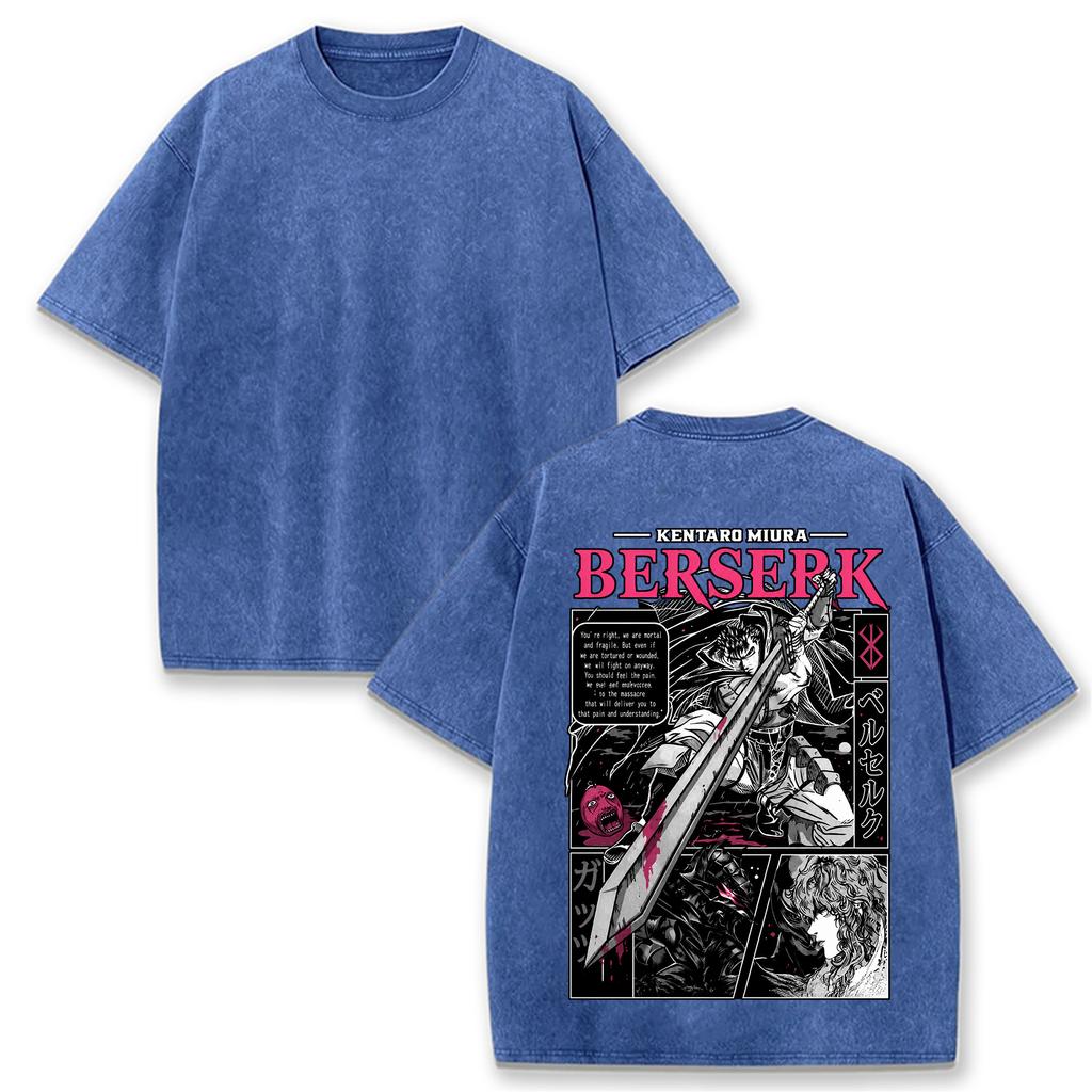 Мужская футболка с графическим принтом по японскому аниме Berserk Винтажная стираная Оверсайз с коротким рукавом Повседневные свободные футболки