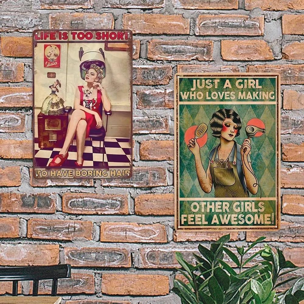 Салон 1PC Парикмахерская Жизнь Слишком Коротка, Чтобы Иметь Скучные Волосы Металлическая Вывеска Бар Кафе Настенный Декор Домашний Декор Художественный Плакат Ретро Плакат