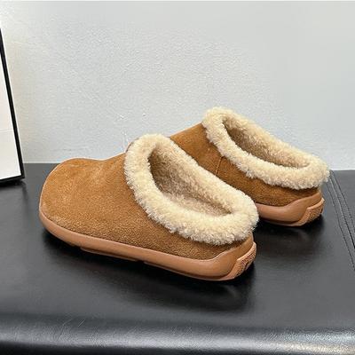 Кожаные маленькие картофельные пушистые туфли женские зима 2025 новые теплые велюровые бокены на одной педали полутапочки хлопковые туфли женские