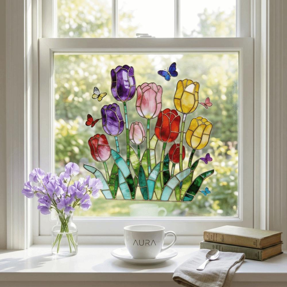 Self-adhesive Tulip Glass Stickers Waterproof Tulip Butterfly Wallpaper Tulip Window Decals  Doors