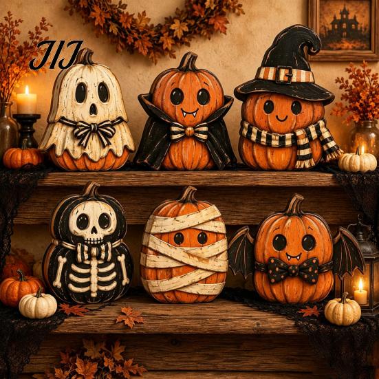 Collectible Holiday Wood Figures Wooden Halloween Ornaments, Retro Desktop Decorations for Home Table Tiered Hand Painted Figurine Tray Decor, Rustic