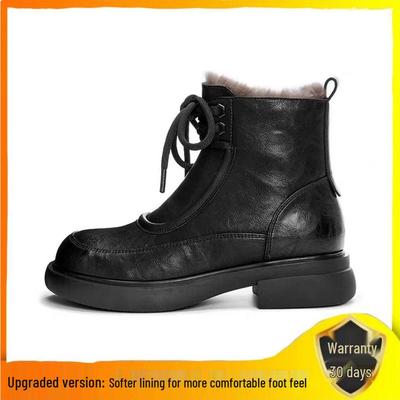 Женские зимние ботинки мартин на толстой подошве – в британском стиле, на флисовой подкладке, шнуровка до щиколотки для тепла в снег, доступны в черном и коричневом цвете.