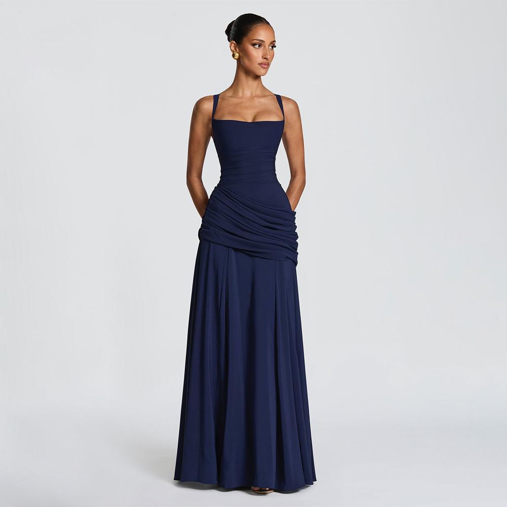European and American versatile women's clothing temperament elegant suspender pleated dress sexy slim fit solid color temperament dress