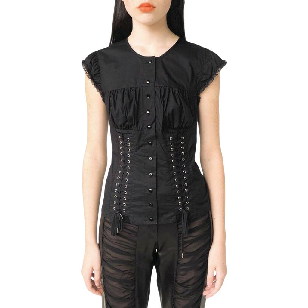 Women Lace Tops, 1/4 Sleeve Round Neck Ruffle Buttons Party Casual Spring Summer Black Shirt