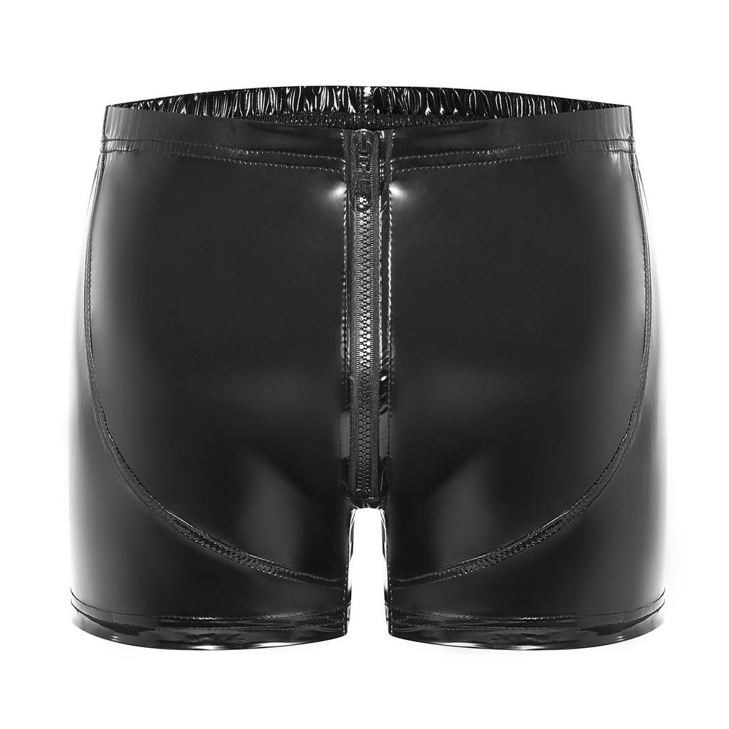 Glossy Patent Leather Boxer Shorts for Men S-3XL: Elastic Waistband with Zipper Button Openable Crotch for Nightwear