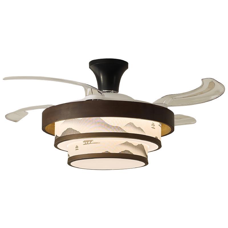 Song Dynasty Mid-Century Retro Solid Wood Invisible Ceiling Fan Light for Bedroom, Living Room, and Restaurant.