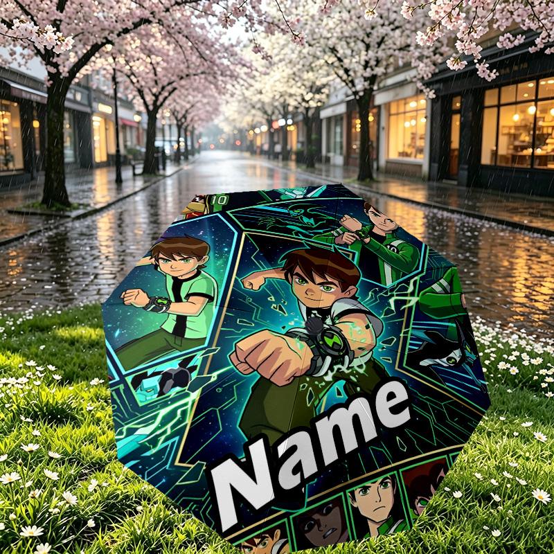 Custom Name Personalized Ben 10 Cartoon Print Umbrella, Auto Open Close, 8‑Rib Sturdy Frame, Commute Camping Hiking Use, Birthday Gift