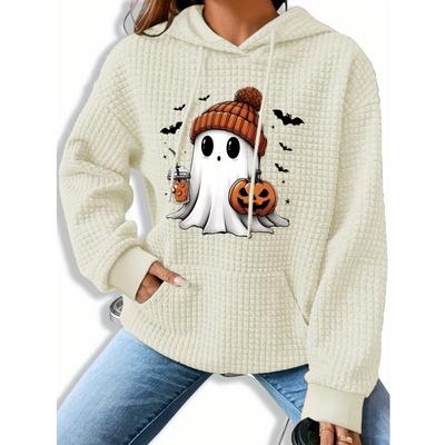 Женская толстовка с принтом привидения и тыквы на Хэллоуин, повседневный вязаный полиэстеровый свитшот с карманом-кенгуру, худи с длинными рукавами и капюшоном на шнурке для осени/зимы