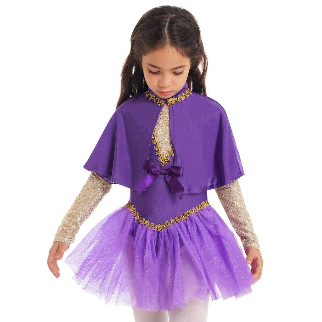 Girls Halloween Showman Costume Sleeveless Sequin Bowknot Glitters Mesh Leotard Dress Cape Arm Sleeves Set