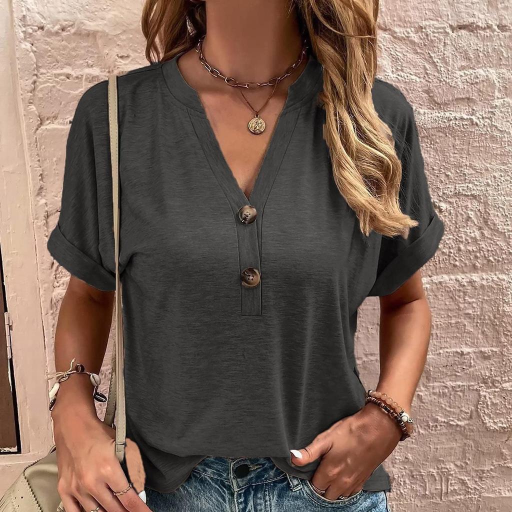 Модные женские свободные летние простые повседневные топы с V-образным вырезом и пуговицами с короткими рукавами