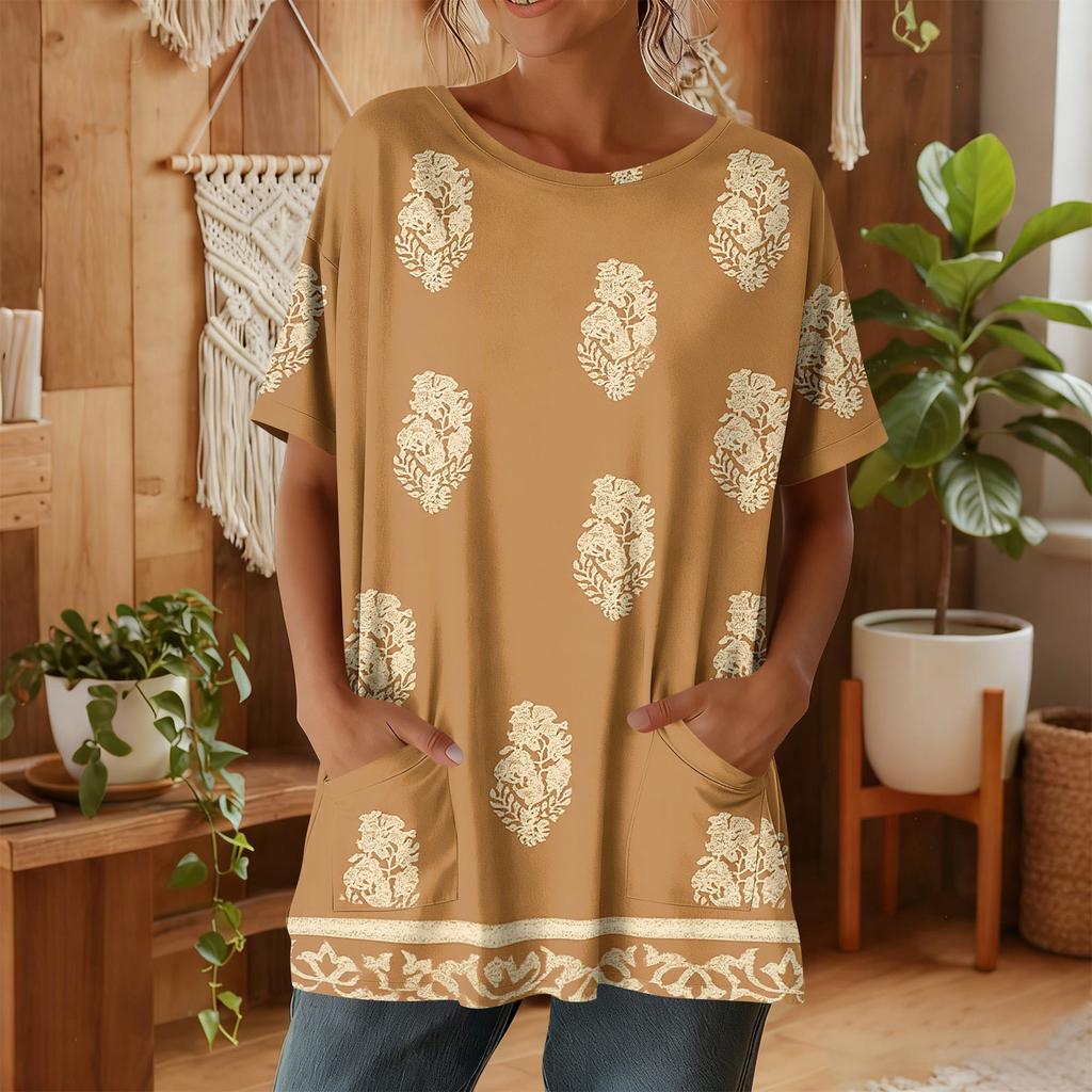 Женская мода повседневный короткий рукав цветочный принт топ