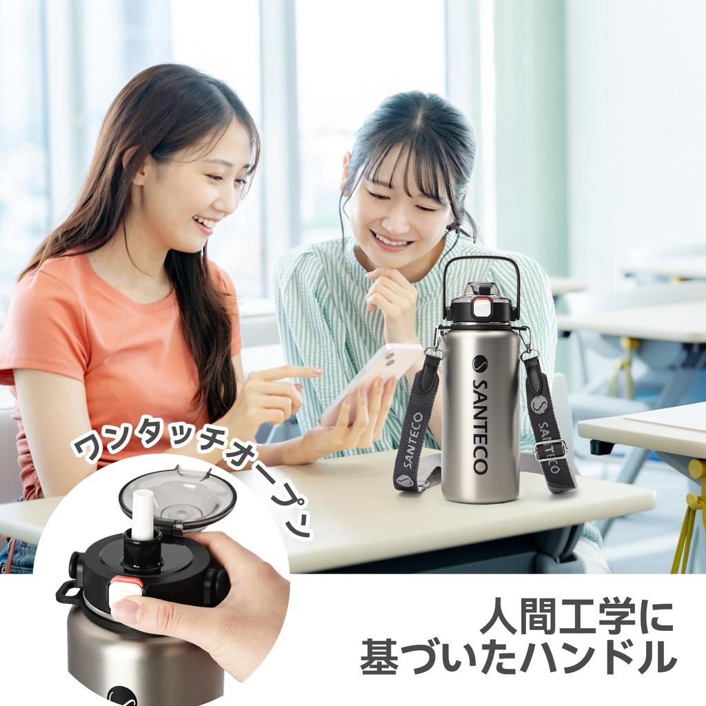 SANTECO Vacuum Insulated Sports with Detachable Shoulder Keeps Cold or Includes Compatible with Direct Drinking Sports Stylish Wide Silver Bottle,