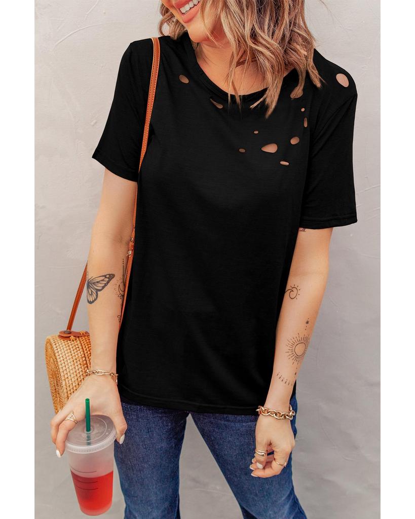 Azura Exchange Футболка из смешанного хлопка с круглым вырезом и дырками