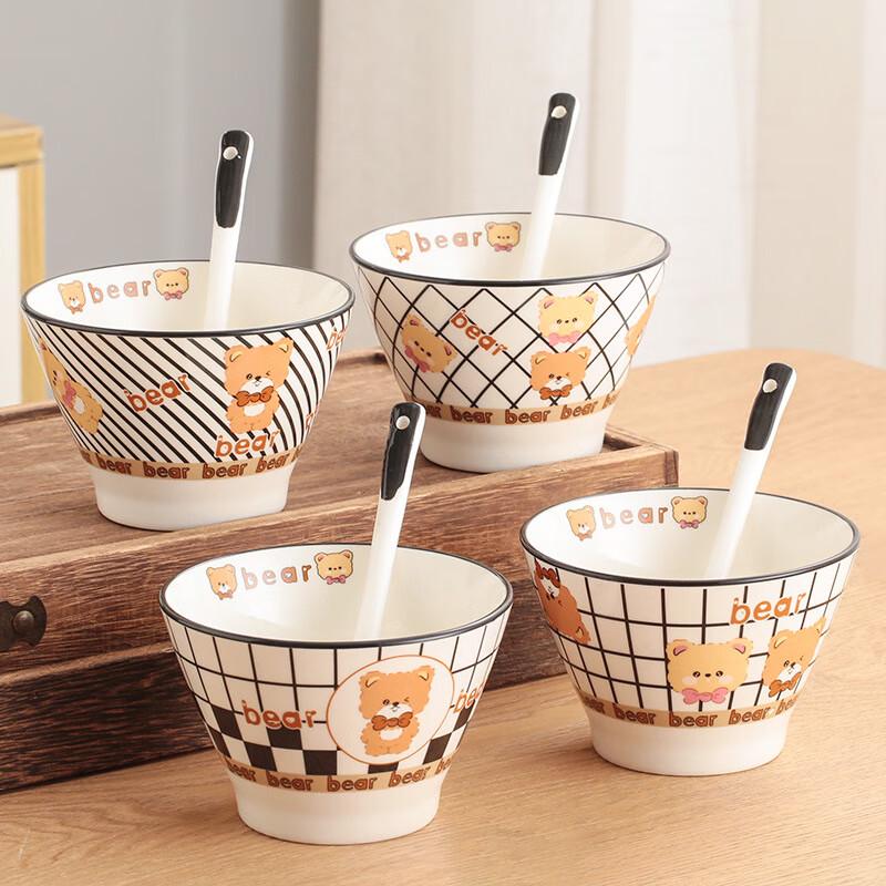 Мультяшные клетчатые миски-дули из керамики с медведем (Набор из 4)