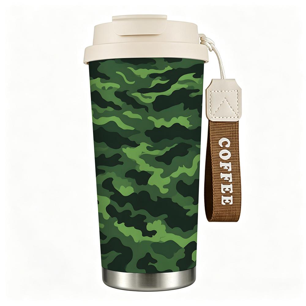Green Camouflage Print Stainless Steel Insulated Coffee Tumbler Vacuum Travel Mug Leakproof Thermal Cup for Outdoor Hiking Camping