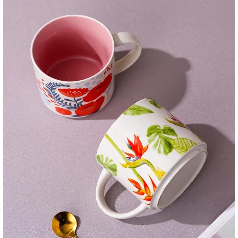 Высокоэстетичная цветная глазурованная керамическая кружка с цветочным узором, креативная чашка для завтрака, овсянки, молока, воды, бытовые чашки большой емкости, посуда для питья