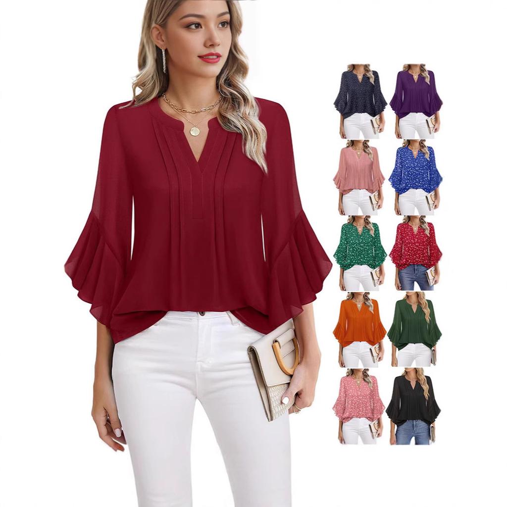 Топ с рукавом три четверти «лепесток лотоса», однотонный, модный, повседневный, свободный, с V-образным вырезом, деловые шифоновые рубашки, женские блузки и рубашки