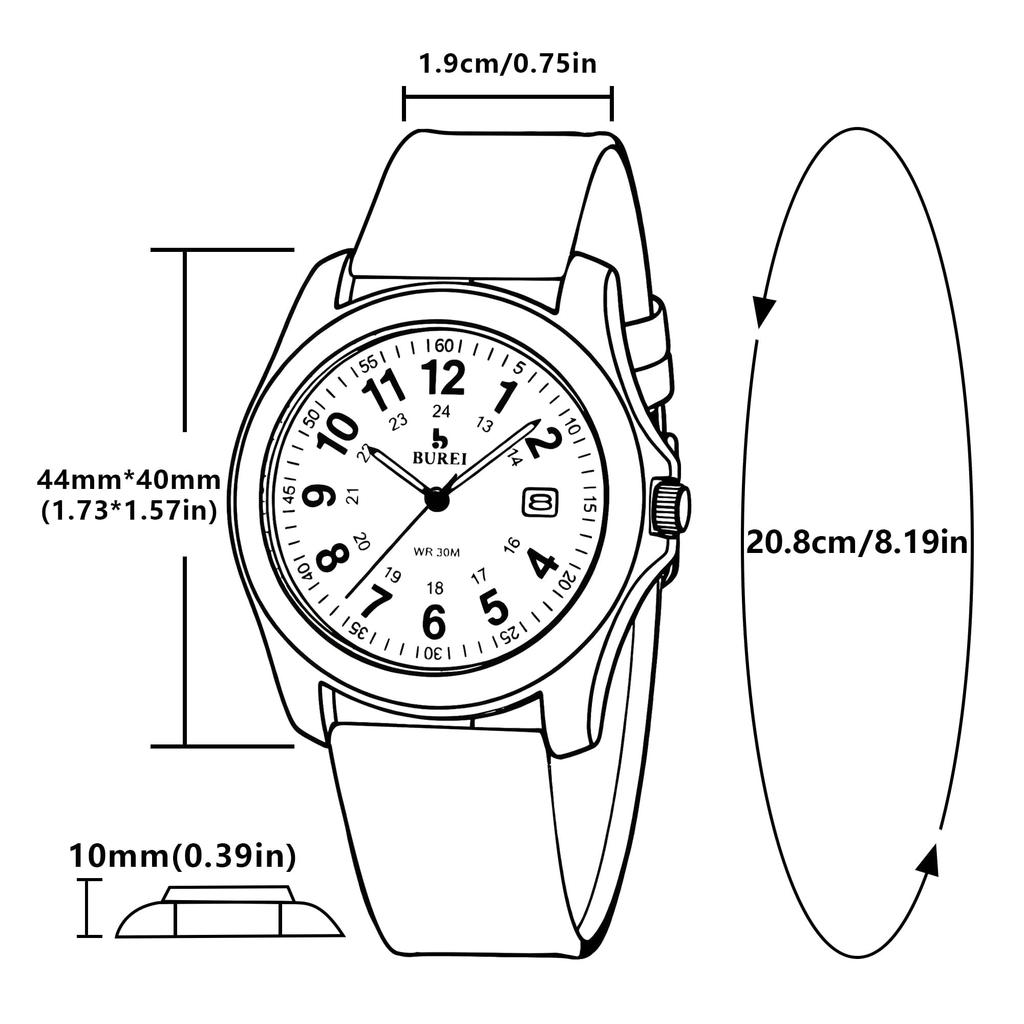 Мужские кварцевые аналоговые часы BUREI, Простой дизайн, Отображение даты, Водонепроницаемые, Люминесцентные, Легкие, Черные, Ремешок из силикагеля, Унисекс, Стильные, Повседневные,