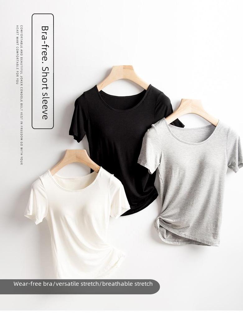 Спортивная футболка для йоги с короткими рукавами и встроенными подушечками — беспроводная, бюстгальтер не нужен — идеально подходит для лета и осени.