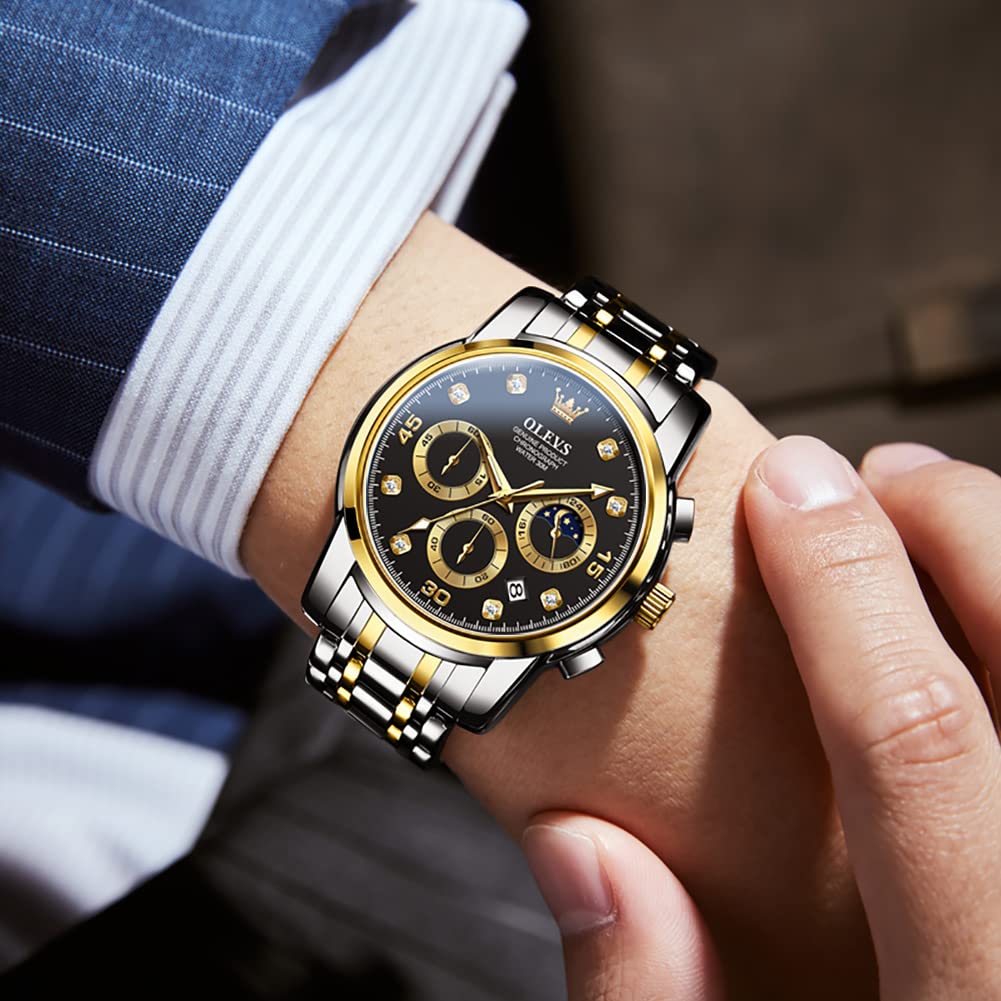 Olevs Fashionable Watch Popular Analog Quartz Arm Watch Waterproof Business Adjustable Watch Black Metal Band Watch Date Casual Cool Black Large Dial