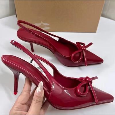 Красные банты Slingbacks High Heels для женщин Сексуальные остроносые лакированные туфли на высоком каблуке Осенние элегантные женские туфли на каблуке