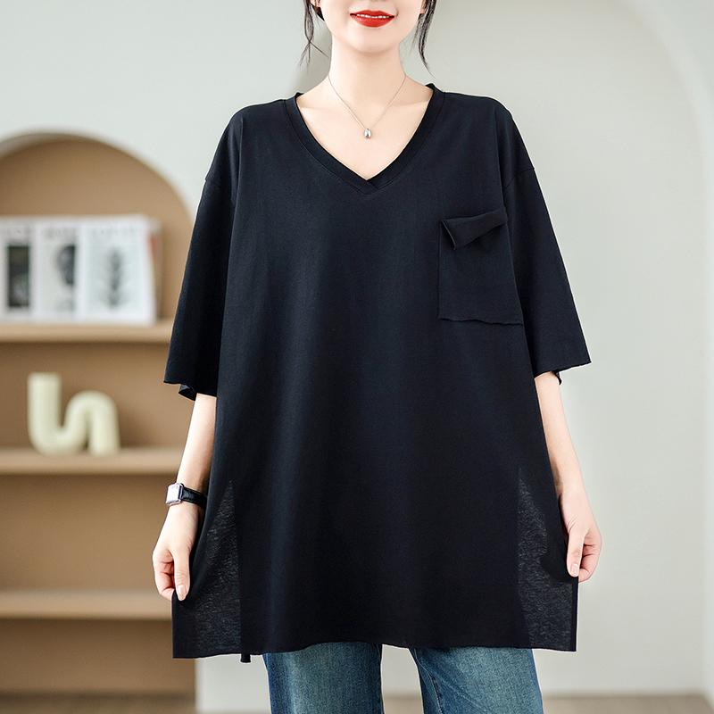 DIMANAF 2025 Новая Летняя Футболка Большого Размера Женская V-образный вырез Короткий рукав Однотонные Свободные Топы Футболки Макси