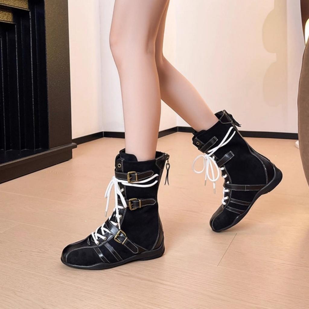 Niche Design Boxing Boots Women's Retro Style Heightening Martin Boots Lace-up Short Boots Mid-tube Western Boots German Training Boots