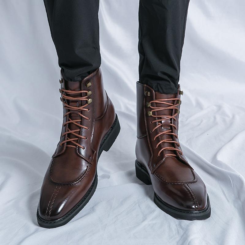 British Men's Leather Boots Pointed Business Dress Boot Lace Up High-Top Boots for Men Brand Casual Ankle Boot Botas2025