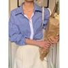 Korean 2024 Spring Striped Classic Loose-Fit Shirt with Turn-Down Collar & Double Pockets for Women