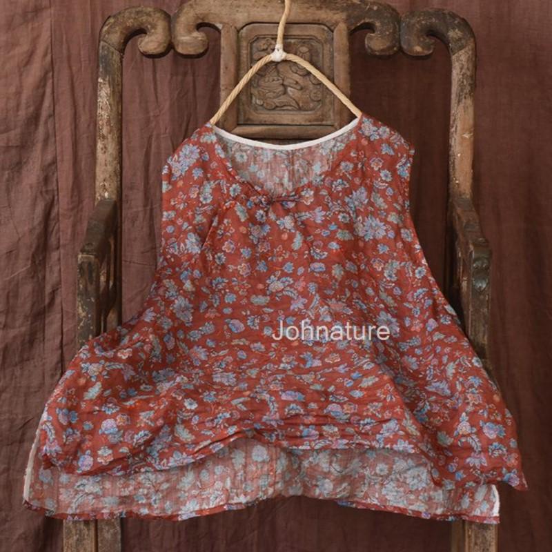 Johnature Женские винтажные топы без рукавов с круглым вырезом и цветочным принтом, весенние женские топы на бретелях в китайском стиле Ramie
