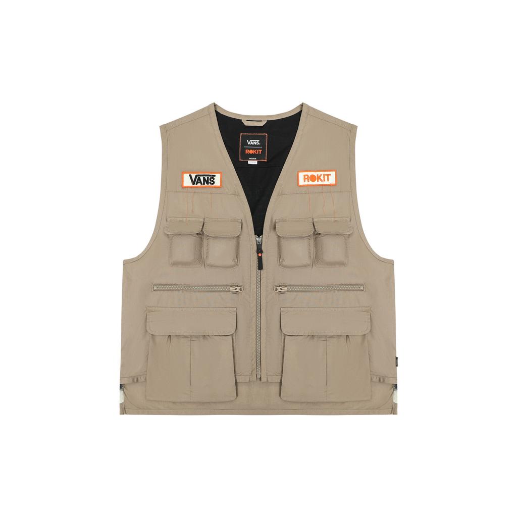 Vans X Rokit Geometric Pattern Stripe Print Multi-Pocket Vest Unisex Outerwear Khaki VN0005XAKHK