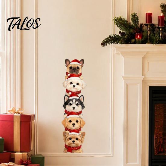 Christmas Wall Decals Puppy Stickers, Removable Self-adhesive Dog for Walls Doors, PVC Stacked Puppies Festive Indoor Murals Art Decor with Santa Hats