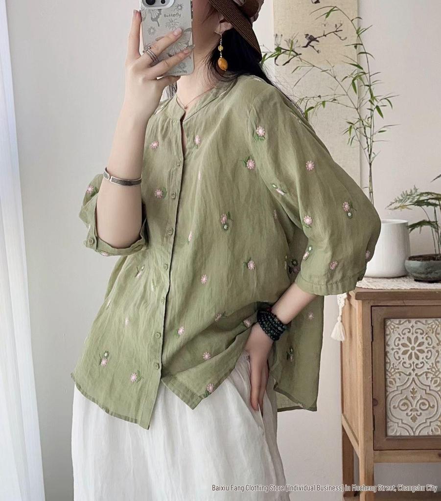 Linen Women's Retro Embroidered Stand Collar Shirt - Summer 2026 Short Sleeve