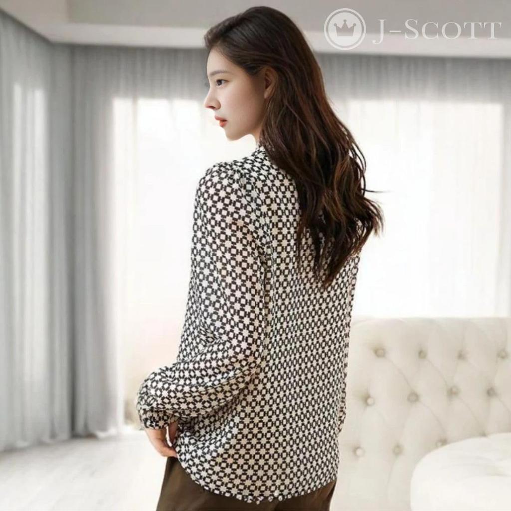 Женская блузка с принтом J-Scott, пуловер, длинный рукав, рукава-буфы, геометрический принт, прозрачный шифон, монохромный, белый, JS17-WH-S