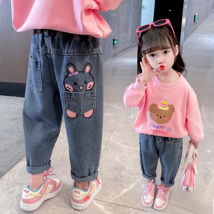 Children Cartoon Rabbit Jeans Thin Girls Loose Pocket Denim Pants Kids Fashion Casual Trousers