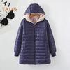 Winter Down Coat Thickened Padded Plush Hood Mid Length Full Zipper Windproof Long Sleeves Pockets Warm Daily Wear Outwear Cotton Jacket