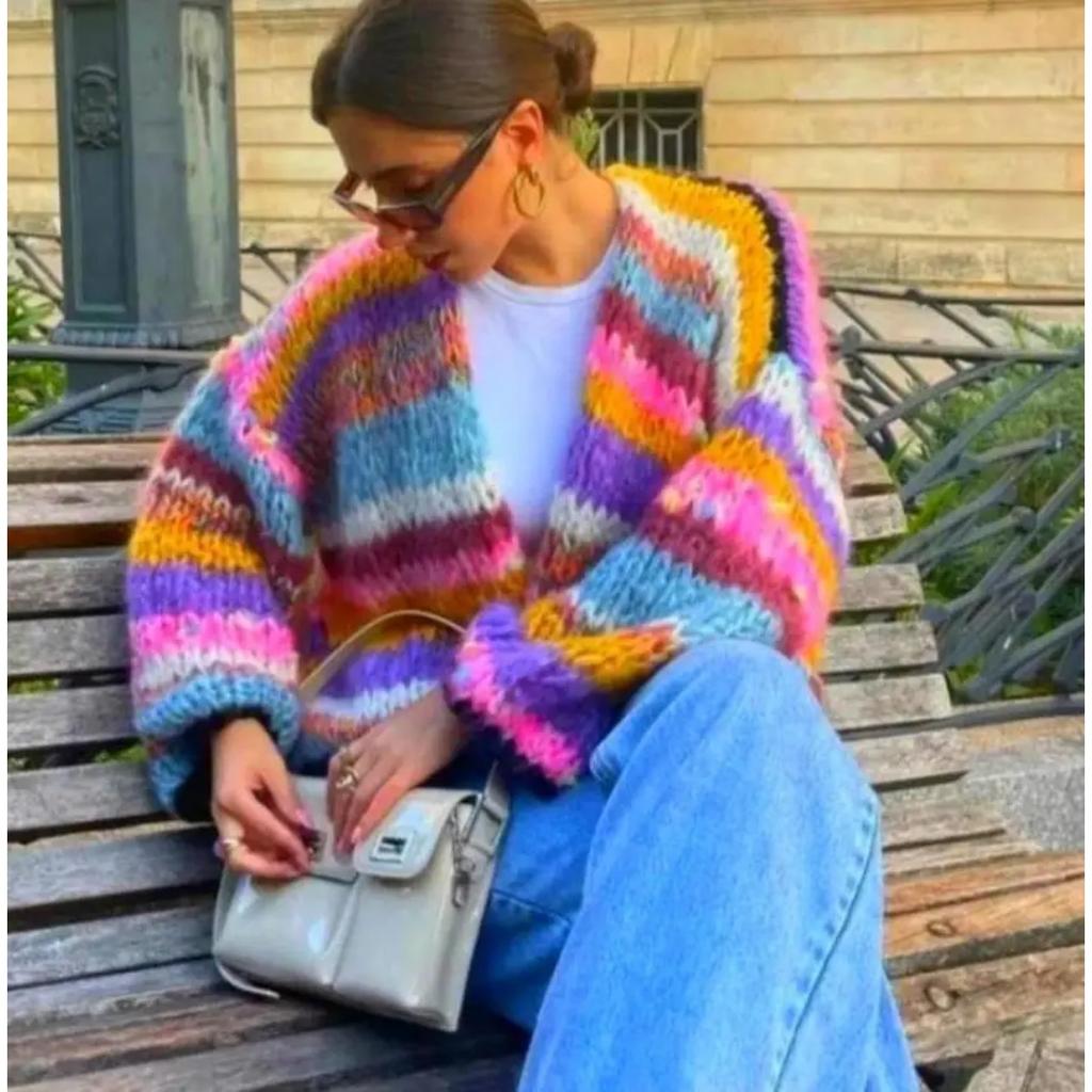 Women Cardigan Sweater Colorful Striped Knitted Coats Long Sleeve Knitwear Jackets Fall Winter Casual Versatile Cardigan