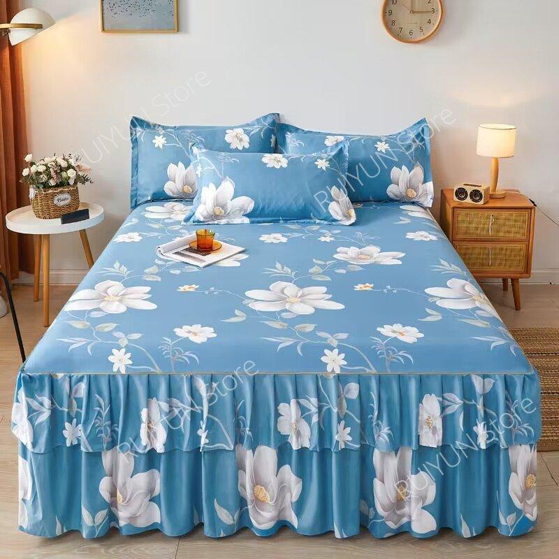 New Princess Printed Double Layers Bed Skirt Non-slip Mattress Cover Home Bedroom Soft Bedspread Bed Skirt Bedsheet Bed Cover