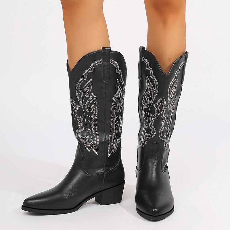 Большие размеры Винтажные коричневые ковбойские сапоги женские на толстом каблуке без застежек до середины голени женские остроносые ковбойские сапоги с вышивкой