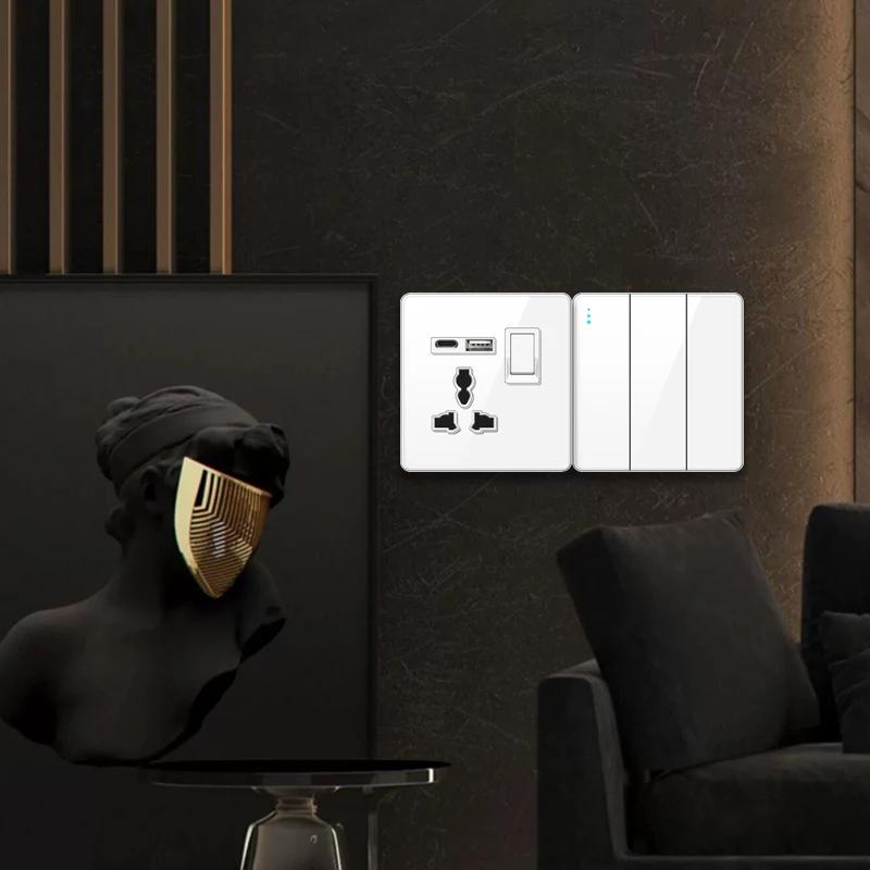 UN UK RU Standard Wall Light Switch Power Socket,18W Plug Type-C USB Quick Charging Universal 5-pin Tempered Glass Socket Outlet