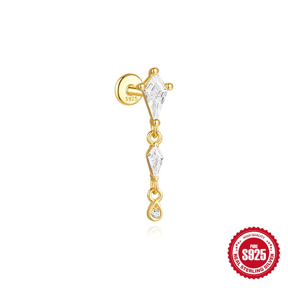 Стильный и простой Ins S925 стерлингового серебра Кайт камень с бриллиантами Плоская головка Внутренняя резьба Прокол Козелок серьга-пусет женская