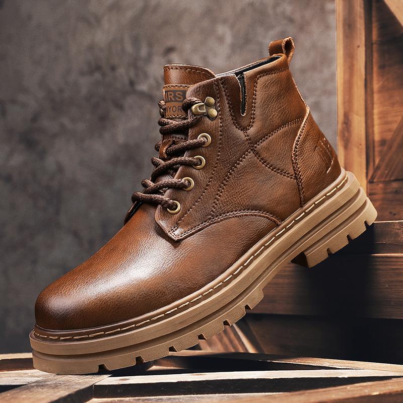 FashionStreet Style Men Leather Boots Thick Sole Non-slip ManAnkle Botas Non-Slip Outdoor Motorcycle Boots Versatile Leisure Walk Shoes