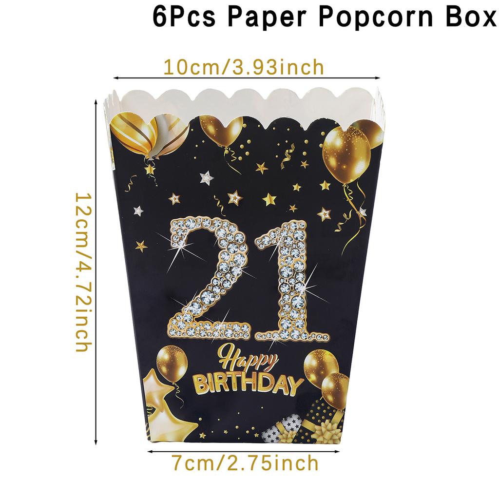 6 шт. Коробка для попкорна из бумаги на день рождения, черная, золотая, для вечеринки, подарочная коробка для угощений на 18, 21, 30, 40, 50, 60 лет, товары для вечеринки по случаю дня рождения для взрослых