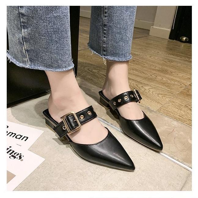 Belt Buckle Half Slippers for Women To Wear Externally 2024 Summer New Korean Style Pointed Thick Heel Wrapped Slippers for Women