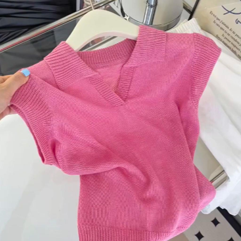 Летняя женская трикотажная футболка с воротником, топ с короткими рукавами